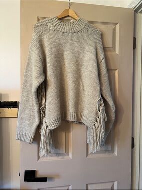 Zara Cream Fringe-Detail Turtleneck Sweater